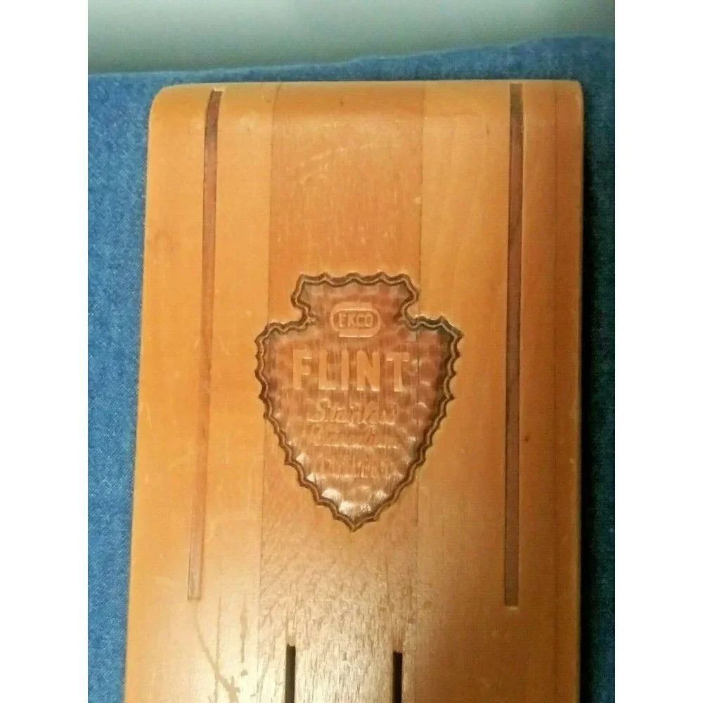 Vintage Wood Knife Holder RARE EKCO Flint Vanadium Stainless Nice condition
